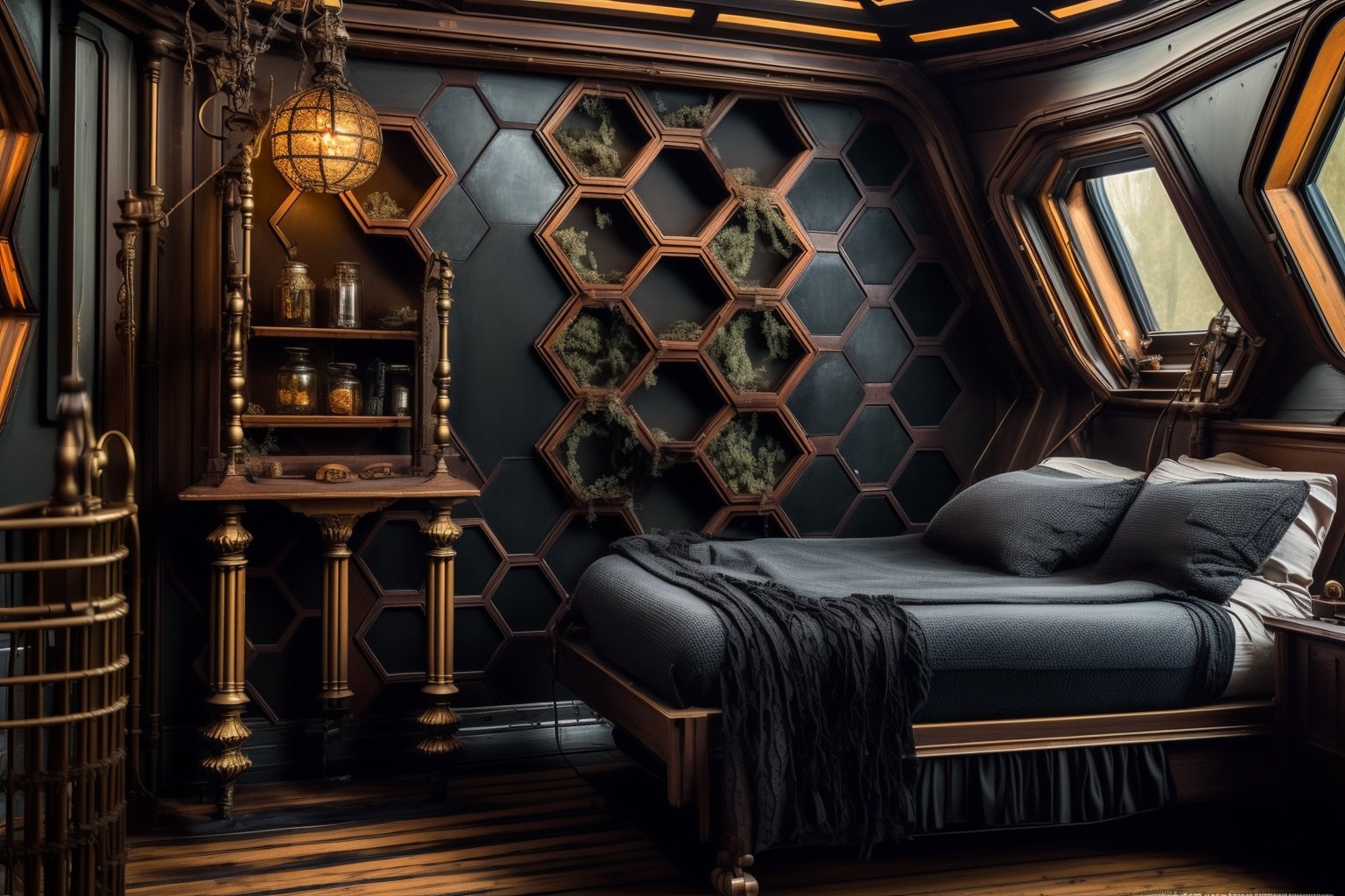 ((masterpiece)),((best quality)),8k,high detailed,ultra-detailed,photo,extremely delicate and beautiful,xs-hive-design,steampunk,interior design,(bedroom),capturing the essence of modern comfort and simplicity,perfect for a home design magazine,<lora:XSHive:1>