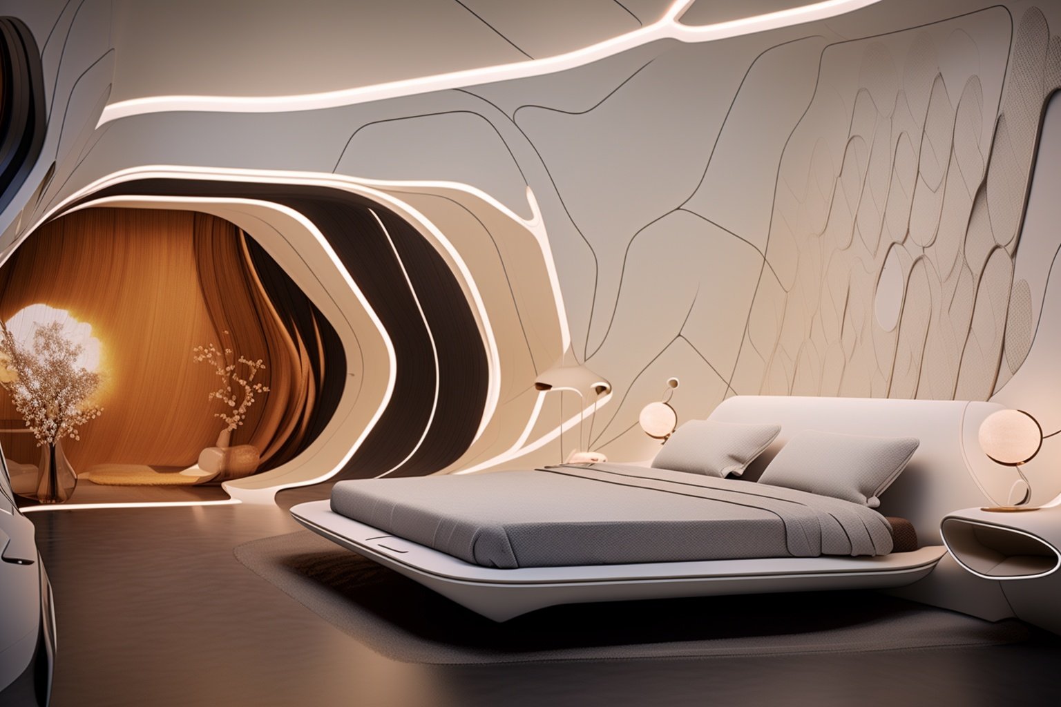 ((masterpiece)),((best quality)),8k,high detailed,ultra-detailed,photo,extremely delicate and beautiful,xs-hive-design,futuristic,interior design,(bedroom),capturing the essence of modern comfort and simplicity,perfect for a home design magazine,<lora:XSHive:1>