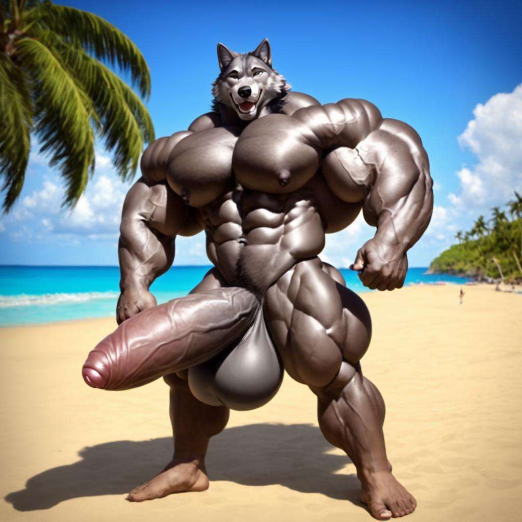 photo, solo, nude, huge muscular male anthro gray wolf at the beach, huge muscles, huge penis, huge balls, huge pecs, huge nipples, foreskin, humanoid genitals, 5 fingers, plantigrade, feet, 5 toes <lora:BulkedUpAIR1.5:0.5>