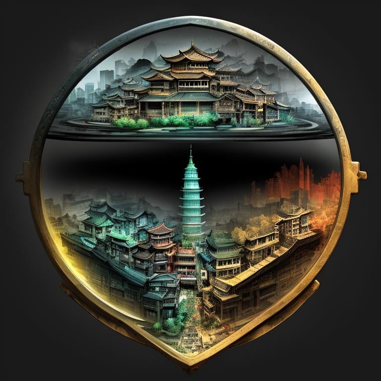 scernery,  Chinese Ink Painting Nanopunk Patina Global Illumination Unity engine Pop Art Multiple Exposure Photography Cro...