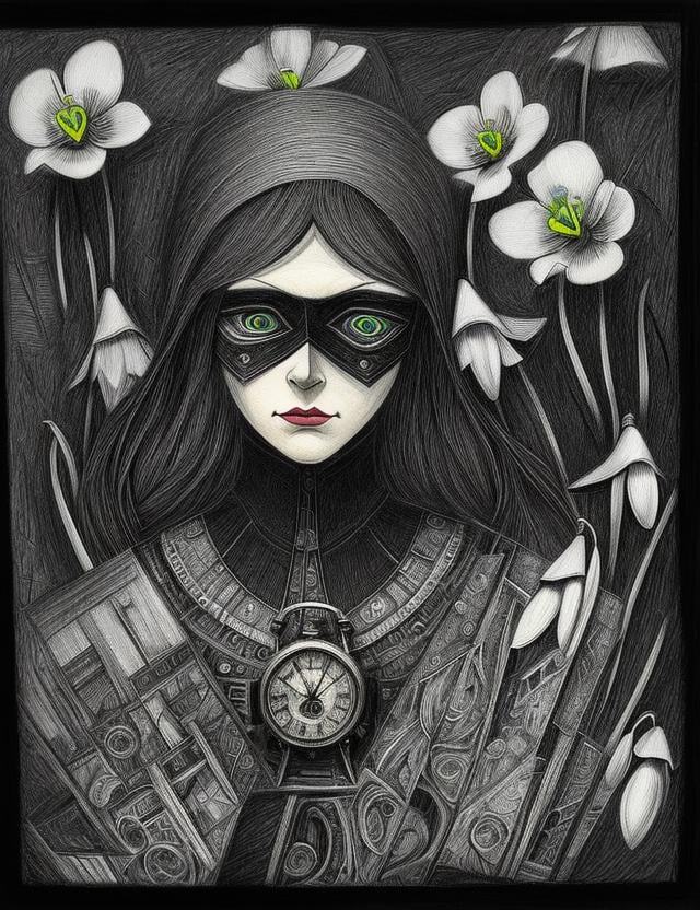 woman,  clothed,  Outsider Art Clockpunk Shadowy Line Rendering Snowdrop engine Melancholic Pencil Drawing Cubism Art by D...