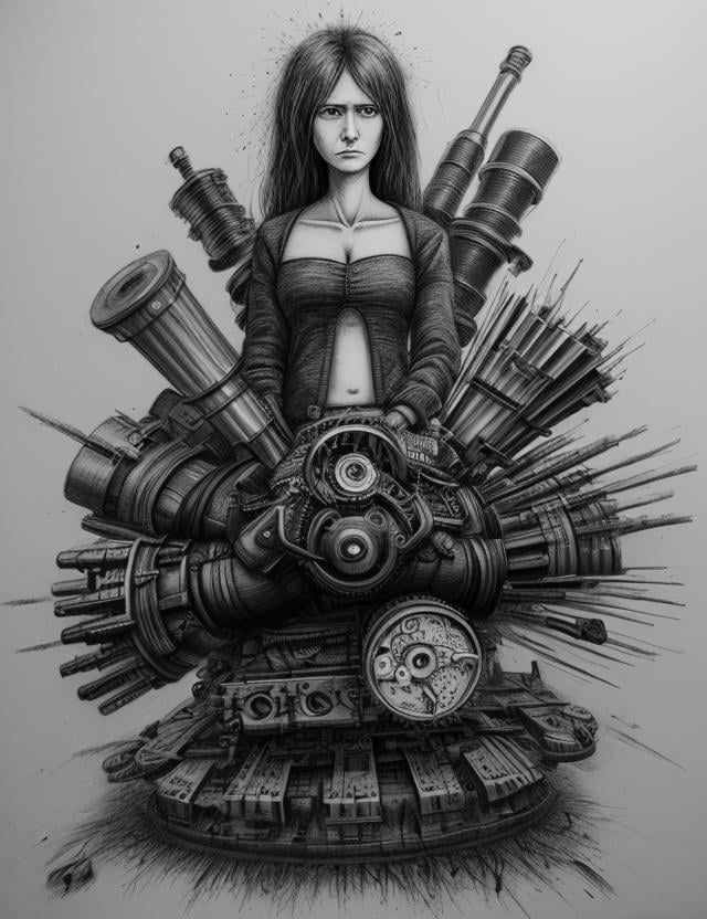 woman,  clothed,  Neo - Expressionism Tender Toon Shading Decima Engine Surreal Charcoal Drawing Exploded View by DonMisch...