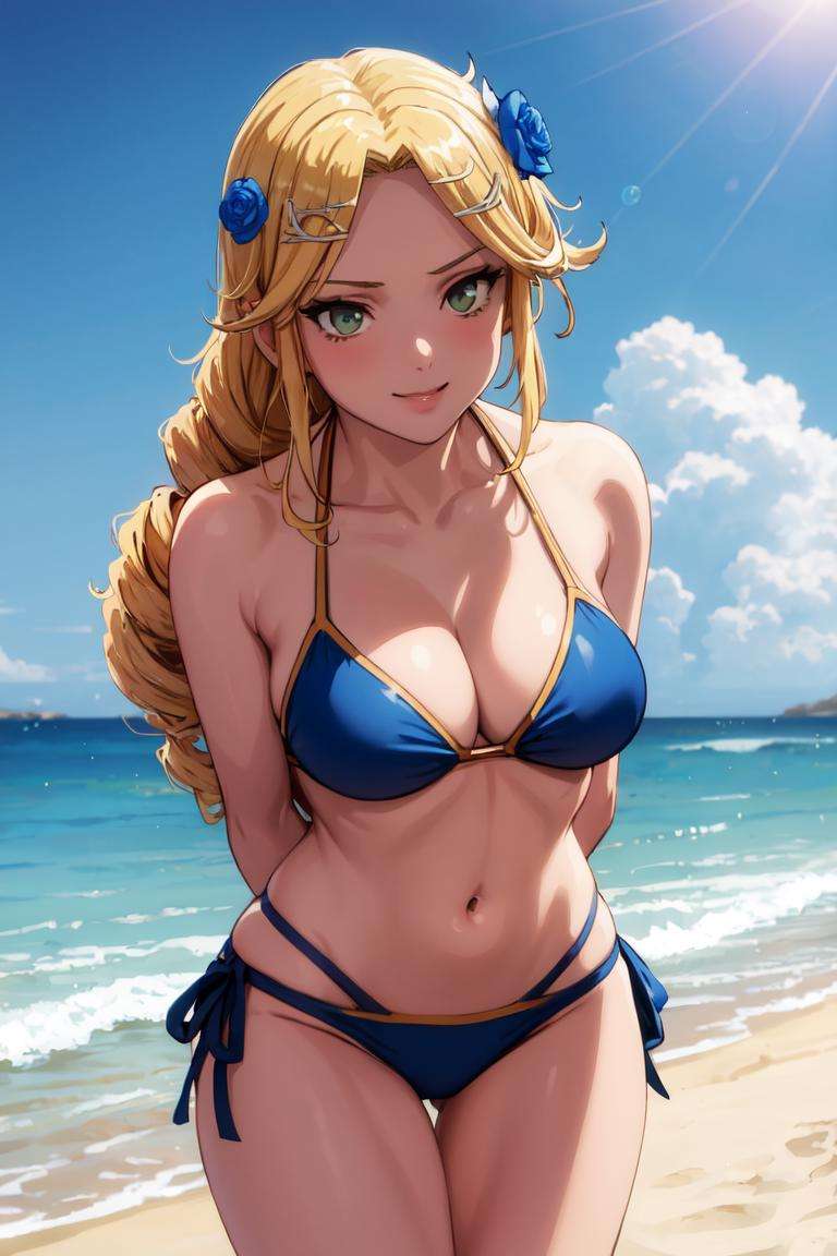 masterpiece, best quality, absurdres, perfect anatomy, 1girl, solo, Laykus, long hair, hair flower, beach, summer, sun, bikini, cleavage, smile, arms behind back, leaning forward, <lora:LakyusAlveinDaleAindra:1>