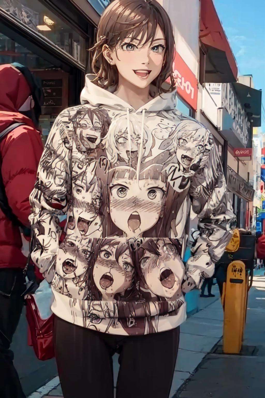 best quality, masterpiece, 1girl, <lora:ahegaoHoodie-000009:1>, ahegao hoodie, smile