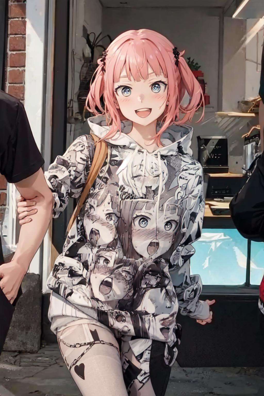 best quality, masterpiece, 1girl, <lora:ahegaoHoodie-000009:1>, ahegao hoodie, smile