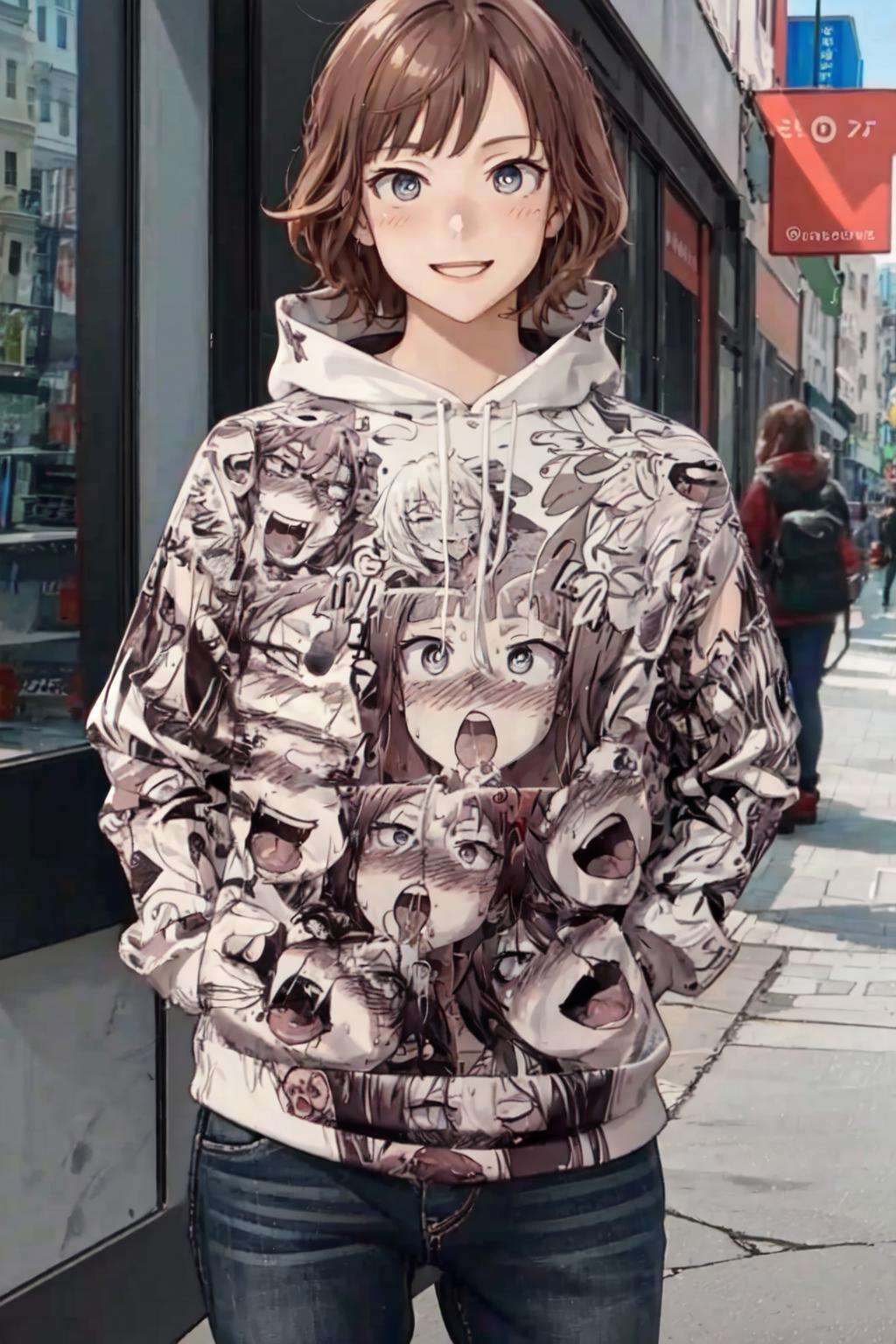 best quality, masterpiece, 1girl, <lora:ahegaoHoodie-000009:1>, ahegao hoodie, smile