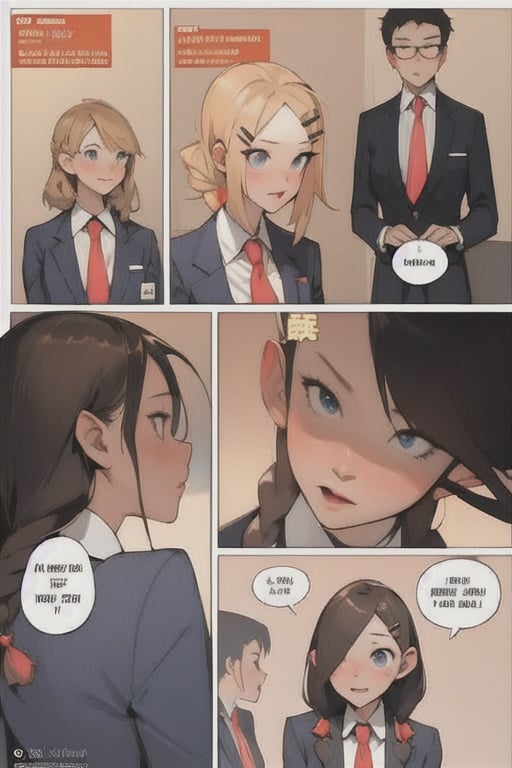 long hair, short hair, open mouth, multiple girls, shirt, hair ornament, school uniform, jacket, braid, comic, necktie, hairclip, collared shirt, virtual youtuber, bag, speech bubble, english text, blazer, school bag, spoken ellipsis, thought bubble, thinking,1 page manga,4 manga panels,body up panels,black and white