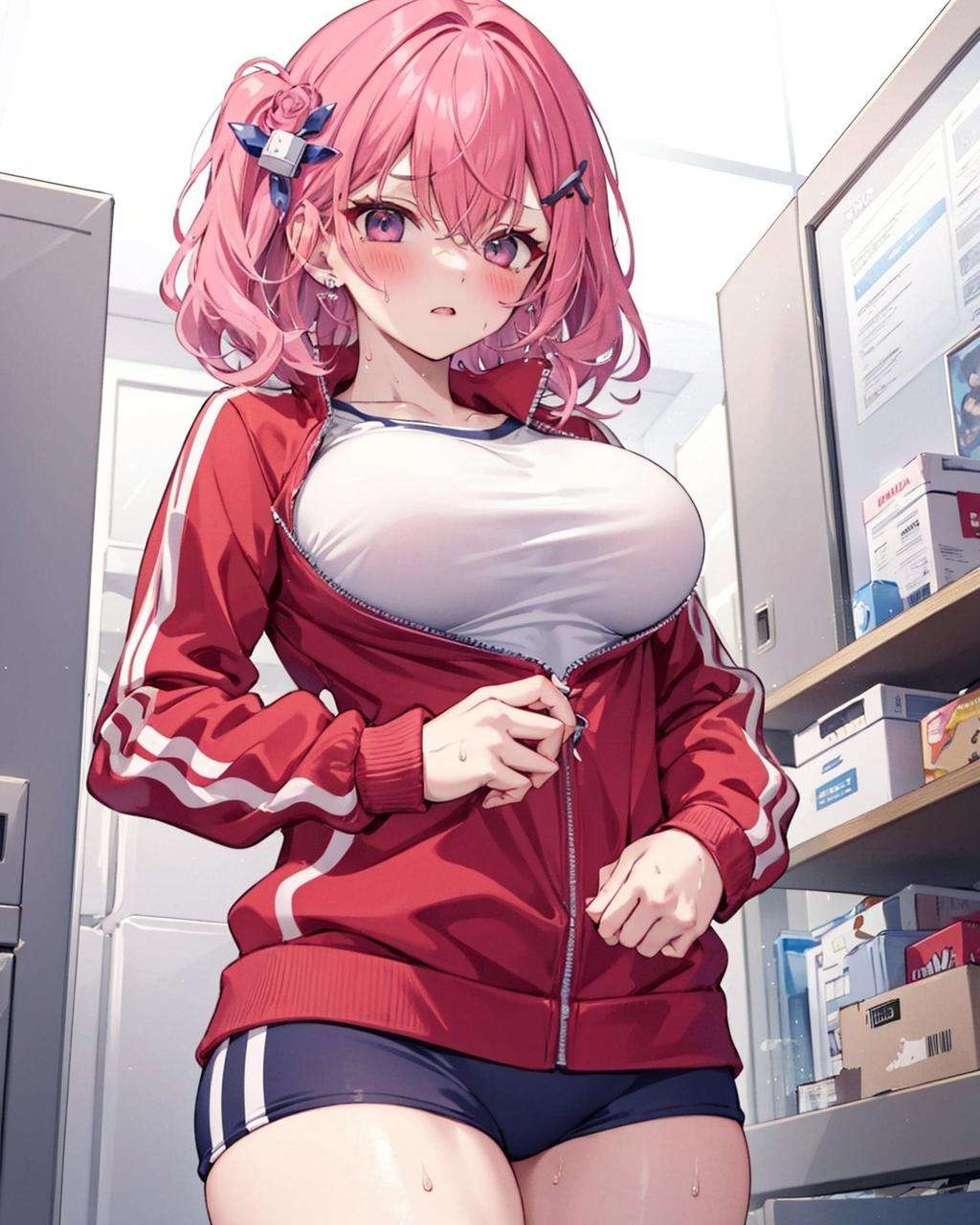 1girl, track jacket,<lora:HardZippingV1:1>,thighs, large breasts, sweat,blush,  pink_hair, cube hair ornament,jacket tug, clothes tug, zipping,