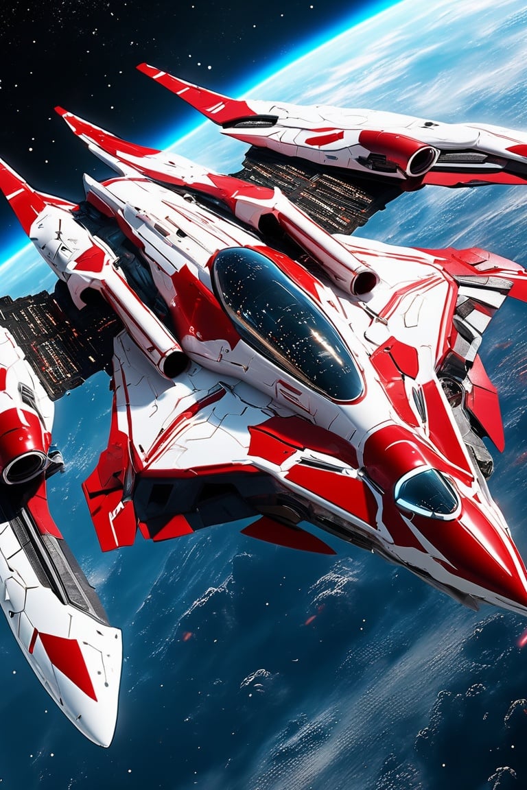 a (red and white:1.2) fighter starship flying in space,abstract dream, space, intricate, grand scale, alone, cinematic film still, insane detail, sharp focus, depth of field, realistic lighting, (realistic perspective), complex, (multiple subjects), 4k HDR