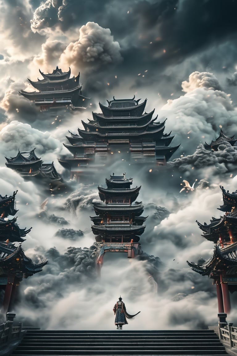 DUNGHUANG,DUNGHUANG BACKGROUND,on the sky,on the clouds,Fairyland, surrounded by clouds and smoke, oriental palace bridge, monster, abstract dream, space, intricate, grand scale, alone, cinematic film still, insane detail, sharp focus, depth of field, realistic lighting, (realistic perspective), complex, (multiple subjects), 4k HDR