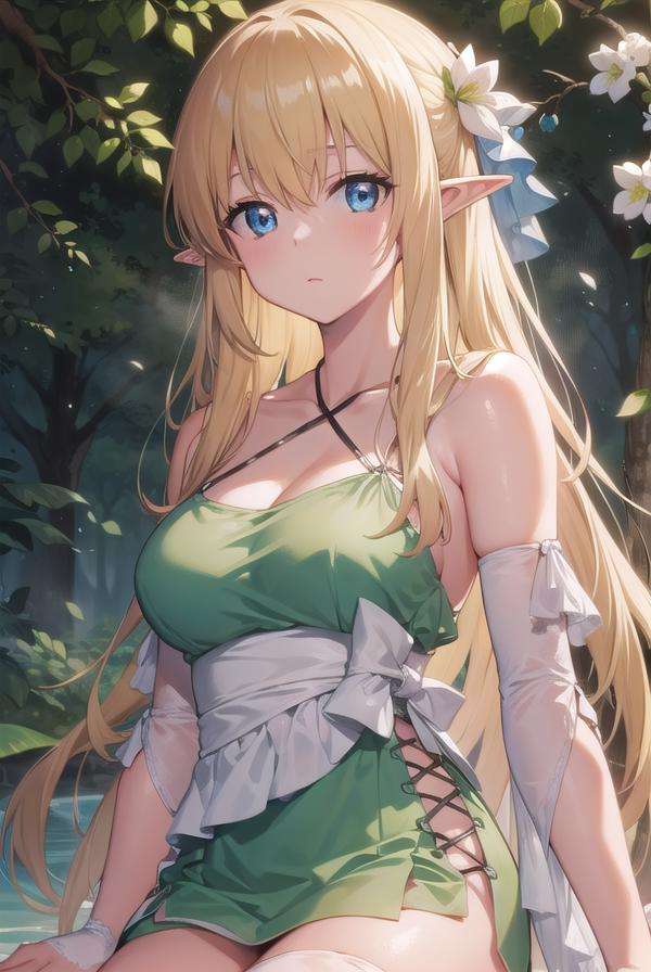 tiffaniawestwood, <lora:tiffaniawestwoodtest:1>,tiffania westwood, blonde hair, blue eyes, elf, long hair, pointy ears,BREAK dress, green dress, halter dress, halterneck, sandals, thighhighs, toeless legwear, white thighhighs,BREAK looking at viewer,BREAK outdoors, forest,BREAK <lora:GoodHands-vanilla:1>, (masterpiece:1.2), best quality, high resolution, unity 8k wallpaper, (illustration:0.8), (beautiful detailed eyes:1.6), extremely detailed face, perfect lighting, extremely detailed CG, (perfect hands, perfect anatomy),