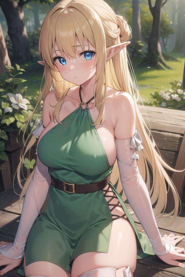 tiffaniawestwood, <lora:tiffaniawestwoodtest:1>,tiffania westwood, blonde hair, blue eyes, elf, long hair, pointy ears,BREAK dress, green dress, halter dress, halterneck, sandals, thighhighs, toeless legwear, white thighhighs,BREAK looking at viewer,BREAK outdoors, forest,BREAK <lora:GoodHands-vanilla:1>, (masterpiece:1.2), best quality, high resolution, unity 8k wallpaper, (illustration:0.8), (beautiful detailed eyes:1.6), extremely detailed face, perfect lighting, extremely detailed CG, (perfect hands, perfect anatomy),