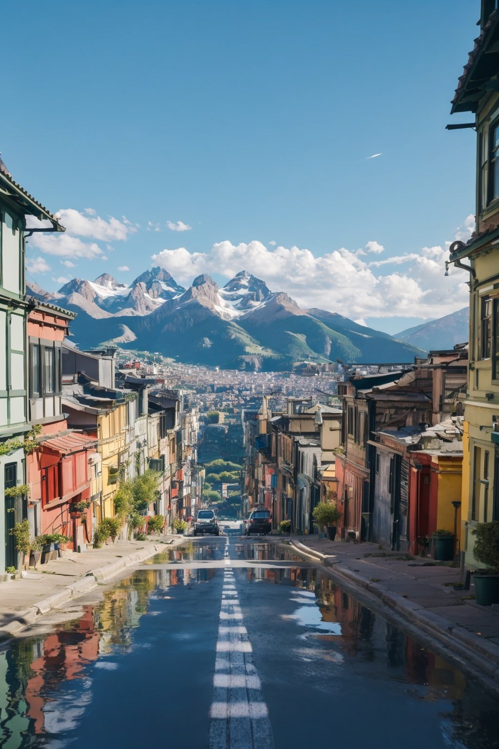 Ea narrow street with a yellow building and a green building on the other side of the street and a mountain in the distance, scenery, city, building, tree, sky, road, street,best quality,masterpiece , 