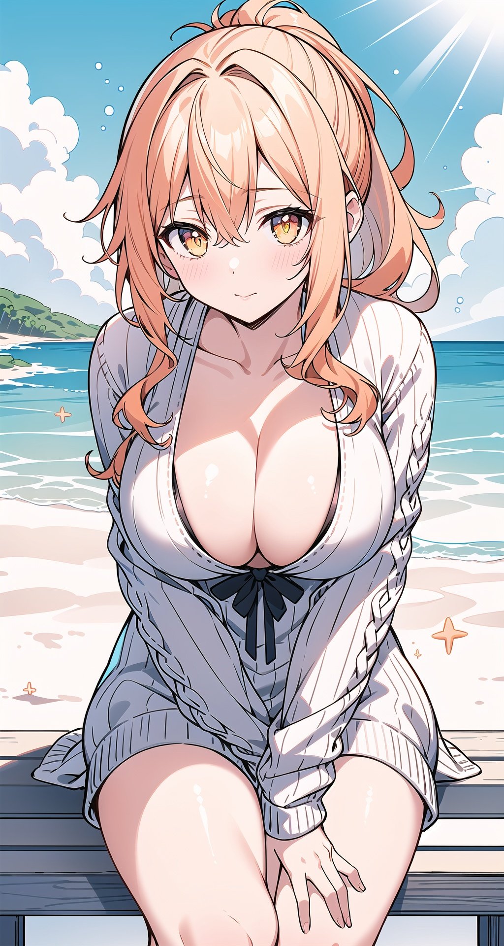 masterpiece,best quality,1girl,long hair,wavy hair,low ponytail,orange hair,large breasts,close-up,beach,virgin killer sweater,sea,REE SIZE,cleavage,