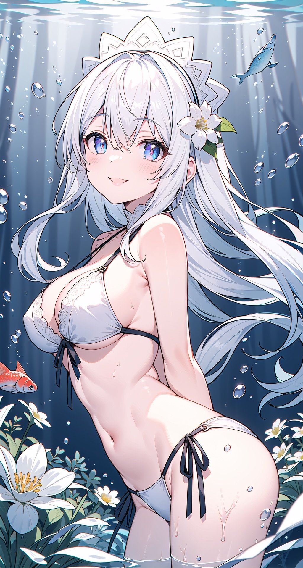 masterpiece,best quality,upper body,1girl,White lace-up bikini,ff gradient,partially underwater shot,hime cut,big breasts,wide shot Negative,Smiles, water plants, fish, light,arms behind back,White flower headdress,