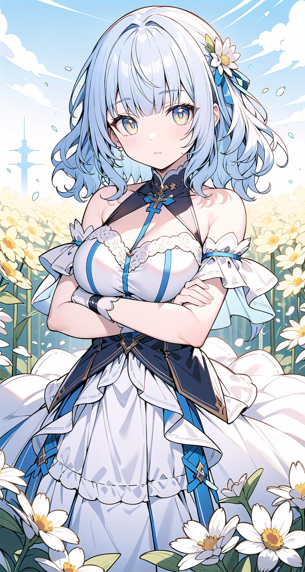 masterpiece, best quality, cute,
medium hair, blue hair, [blue | yellow] eyes, wavy hair, blunt bangs, large breasts, dress, bare shoulders, flower, crossed arms,
depth of field, field,