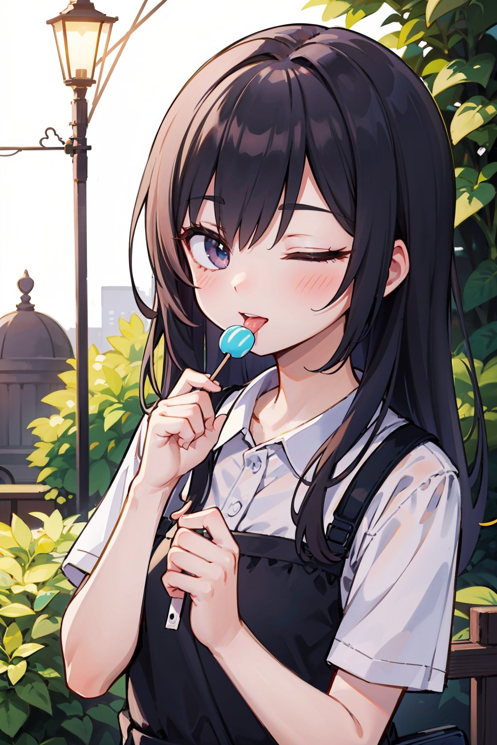 (masterpiece), best quality, high resolution, highly detailed, detailed background, perfect lighting, 1girl, garden, upper body, wink with one eye closed, holding while licking a lollipop