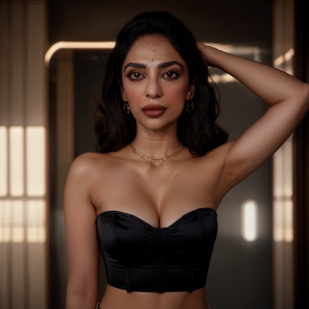 1girl, portrait of SobhitaD,  solo, jewelry, earrings, breasts, cleavage, necklace, medium_breasts, hand_on_hip, hand_on_own_head, strapless, volumetric lighting, best quality, masterpiece, intricate details, tonemapping, sharp focus, hyper detailed, realistic 