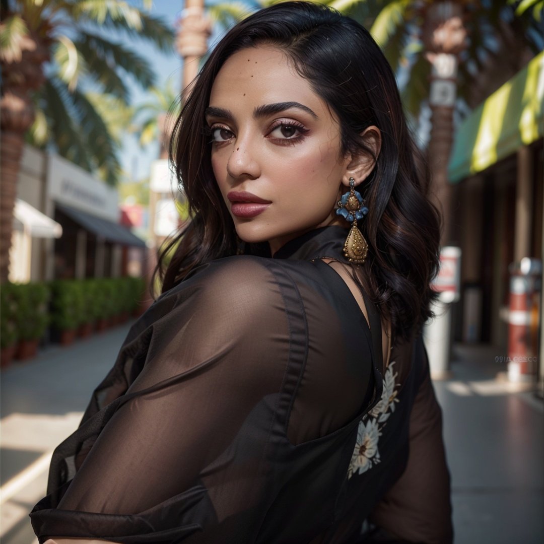 1girl, portrait of SobhitaD, solo, jewelry, earrings, looking_at_viewer, brown_eyes, outdoors, see-through, volumetric lighting, best quality, masterpiece, intricate details, tonemapping, sharp focus, hyper detailed, realistic 