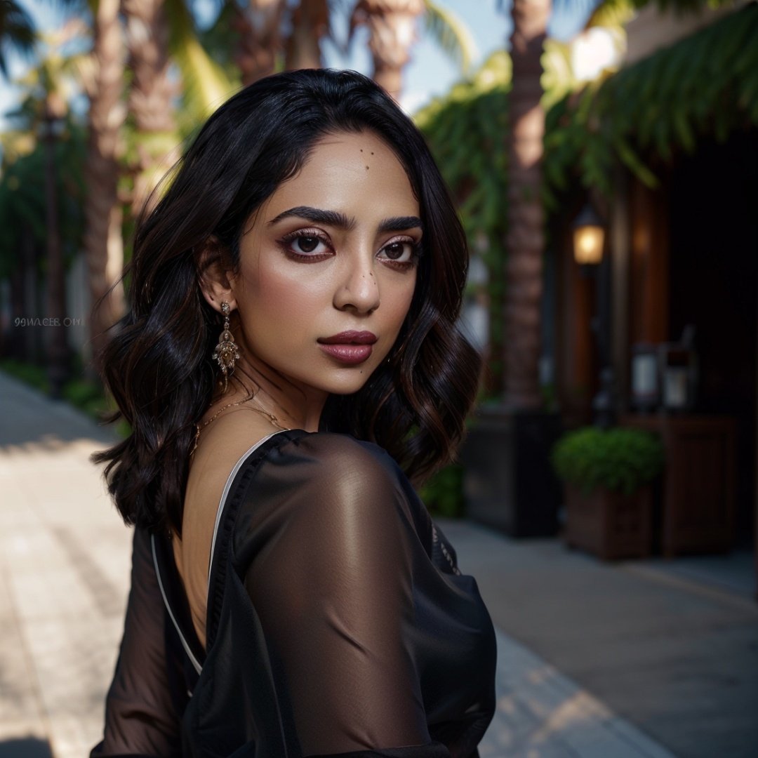 1girl, portrait of SobhitaD, solo, jewelry, earrings, looking_at_viewer, brown_eyes, outdoors, see-through, volumetric lighting, best quality, masterpiece, intricate details, tonemapping, sharp focus, hyper detailed, realistic 