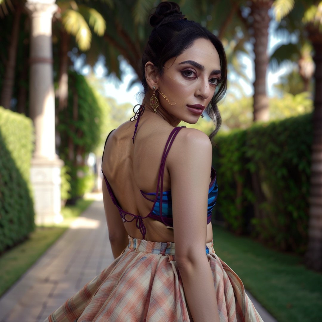 1girl, portrait of SobhitaD, solo, jewelry, earrings, looking_at_viewer, blurry, blurry_background, hair_bun, outdoors, skirt volumetric lighting, best quality, masterpiece, intricate details, tonemapping, sharp focus, hyper detailed, realistic 