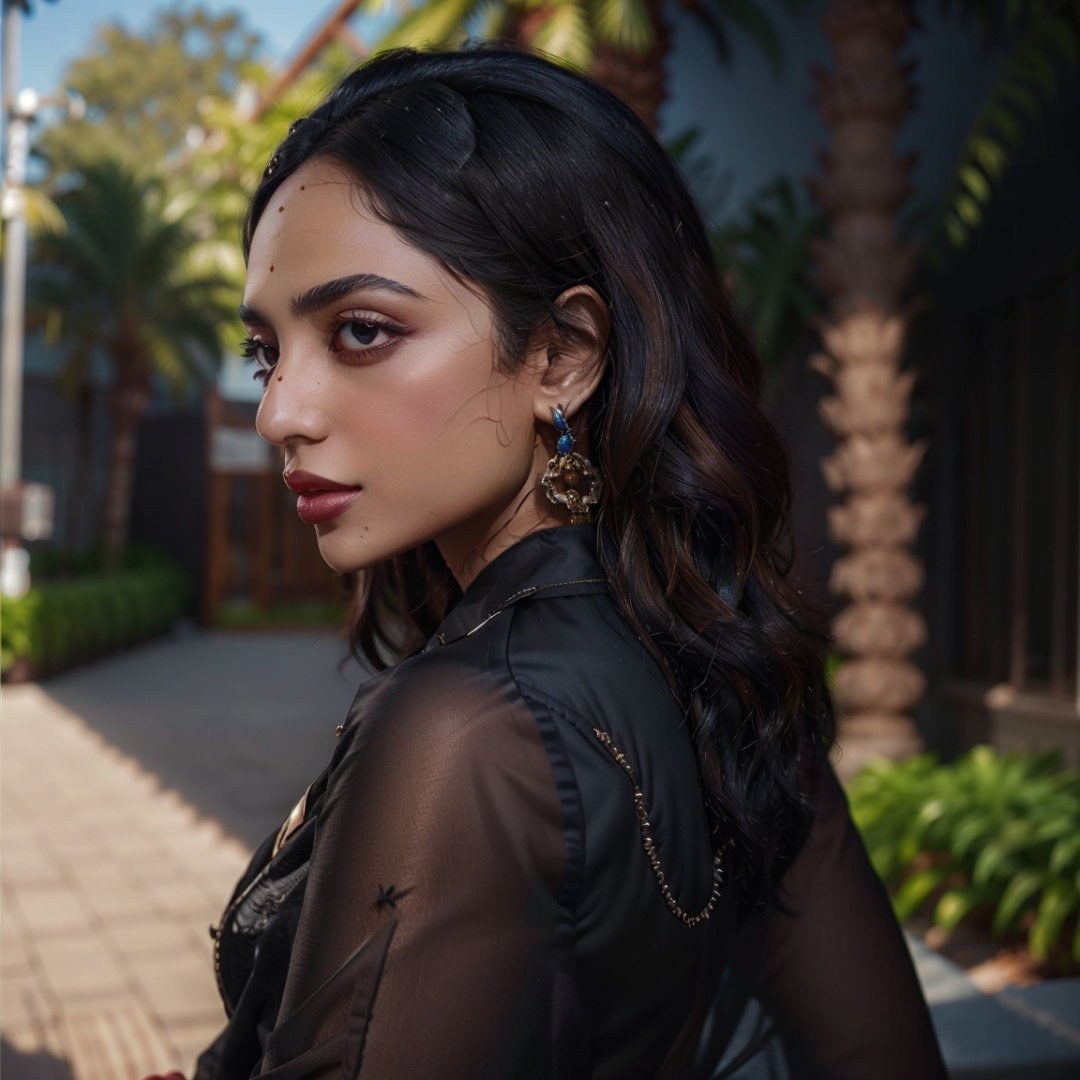 1girl, portrait of SobhitaD, solo, jewelry, earrings, looking_at_viewer, brown_eyes, outdoors, see-through, volumetric lighting, best quality, masterpiece, intricate details, tonemapping, sharp focus, hyper detailed, realistic 