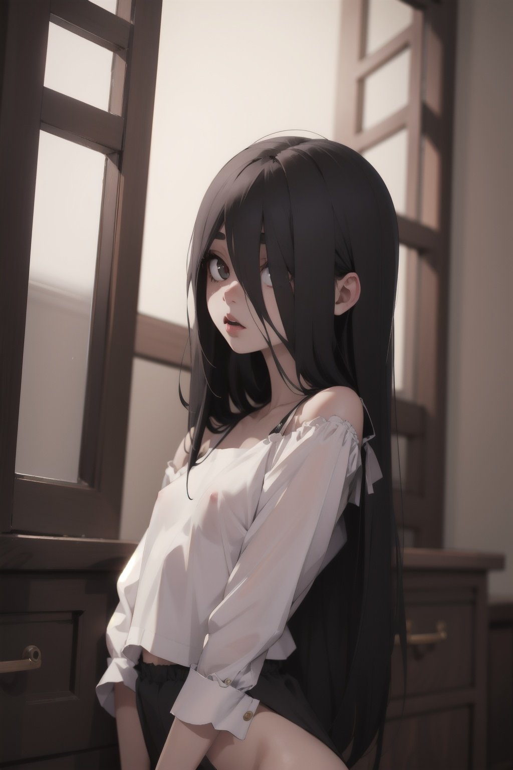 Highres, best quality, extremely detailed, area lighting in background, HD, 8k, 1girl, loli, cute, goth, pervert, nsfw,Sadako