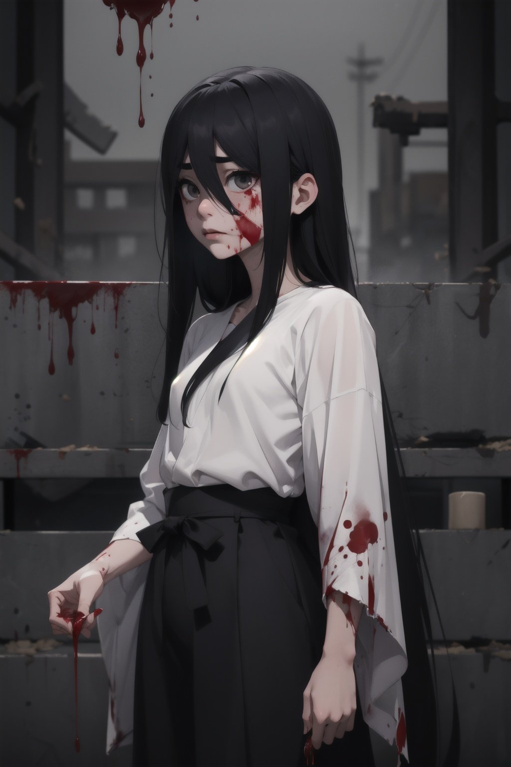 Highres, best quality, extremely detailed, HD, 8k, 1girl, cute, Sadako, goth, blood splattering, bloody, samurai, cowboy shot, Sadako, (war), men fighting in background