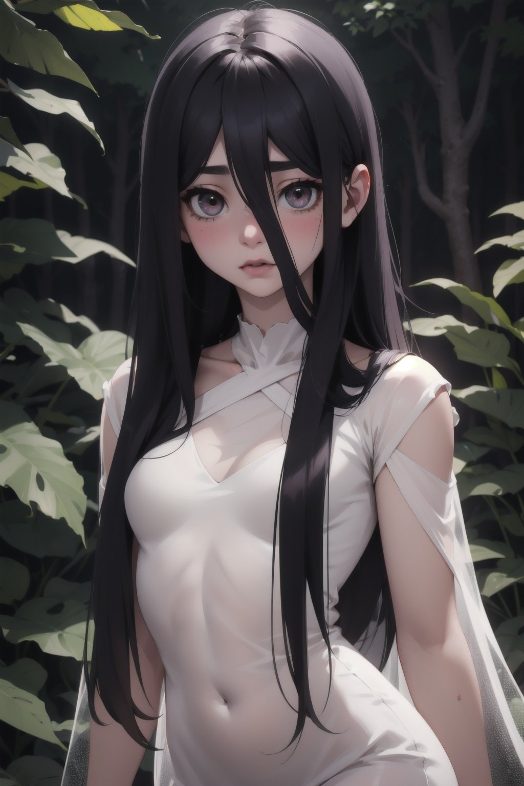 Highres, best quality, extremely detailed, area lighting in background, HD, 8k, 1girl, loli, cute, goth, pervert, small breasts, Sadako, see through clothes, white dress, dark forest, haunted