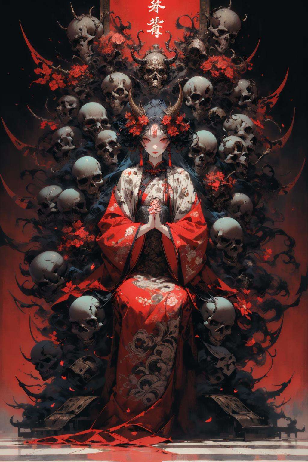 (masterpiece:1.2), best quality,PIXIV,1girl, flower, black hair, red eyes, hair ornament, hair flower, mask, looking at viewer, red flower, long sleeves, standing, red dress, holding, tattoo, wide sleeves, dress, own hands together, horns, skull, artist name, short hair, chinese clothes, robe <lora:thousand faces_20230729115837-000018:1>