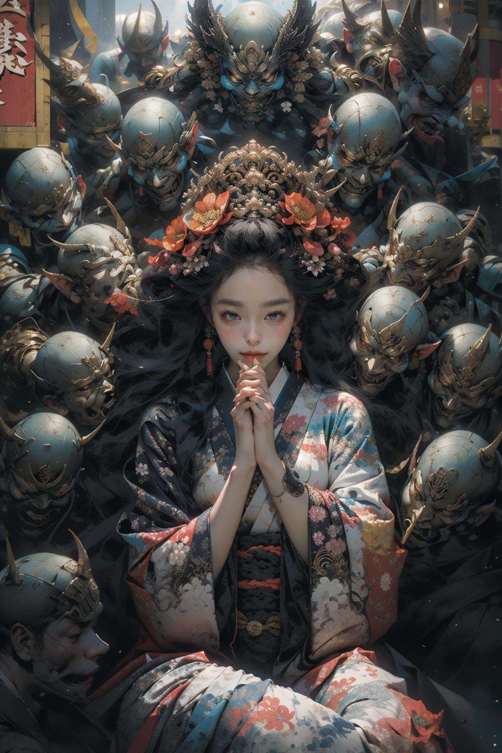 (masterpiece:1.2), best quality,PIXIV,black hair, hair ornament, japanese clothes, hair flower, flower, kimono, mask, 1girl, sitting, long hair, own hands together, looking at viewer, 6+boys, praying, multiple boys, floral print, wide sleeves <lora:thousand faces_20230729115837-000018:1> <lora:zhongfenghuaxiyou:0.5> 