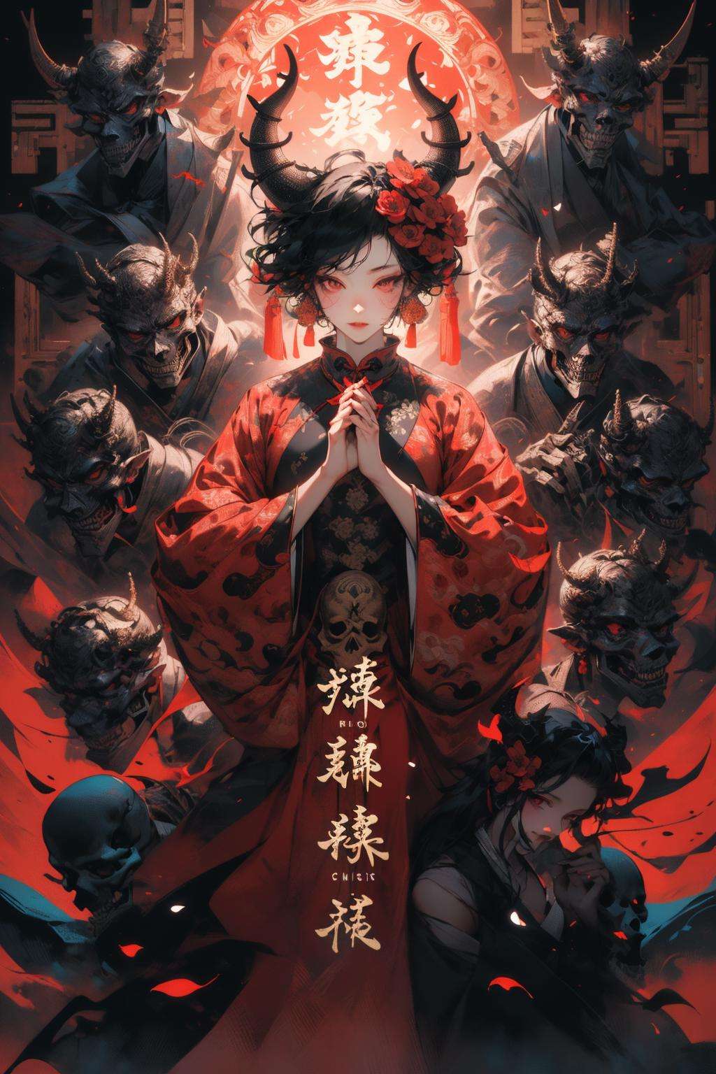 (masterpiece:1.2), best quality,PIXIV,1girl, flower, black hair, red eyes, hair ornament, hair flower, mask, looking at viewer, red flower, long sleeves, standing, red dress, holding, tattoo, wide sleeves, dress, own hands together, horns, skull, artist name, short hair, chinese clothes, robe <lora:thousand faces_20230729115837-000018:1>