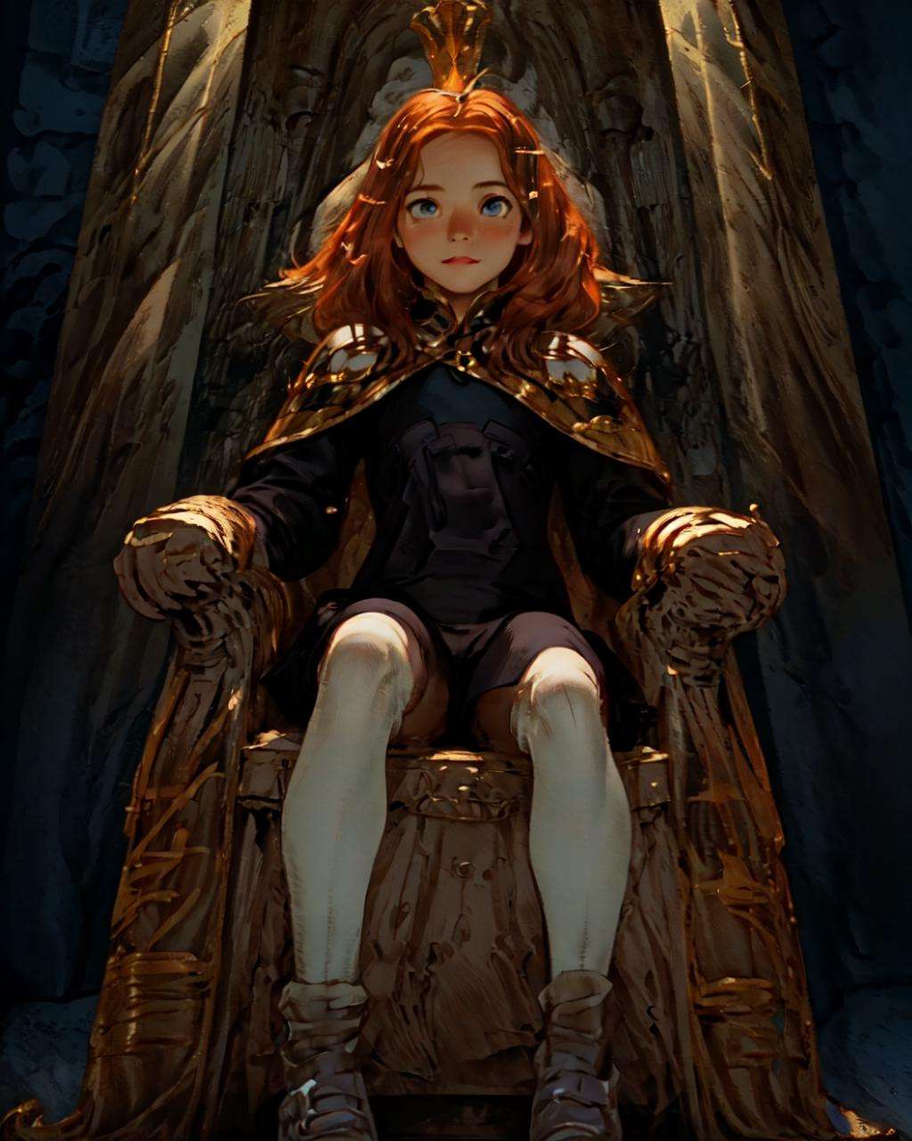 <lora:e7 Charlotte2:0.6> e7 Charlotte, small crown, big forehead, sitting on her throne, small boobs, flat chest, 14 years old, orange hair, throneroom in background,(masterpiece),  best quality, highres, 4k, 8k, Detailed Illustration, intricate detail, cinematic lighting, amazing quality, 1girl, fit female, amazing shading, soft lighting, facing camera, perfect eyes,<lora:FFTJobs:0.9>