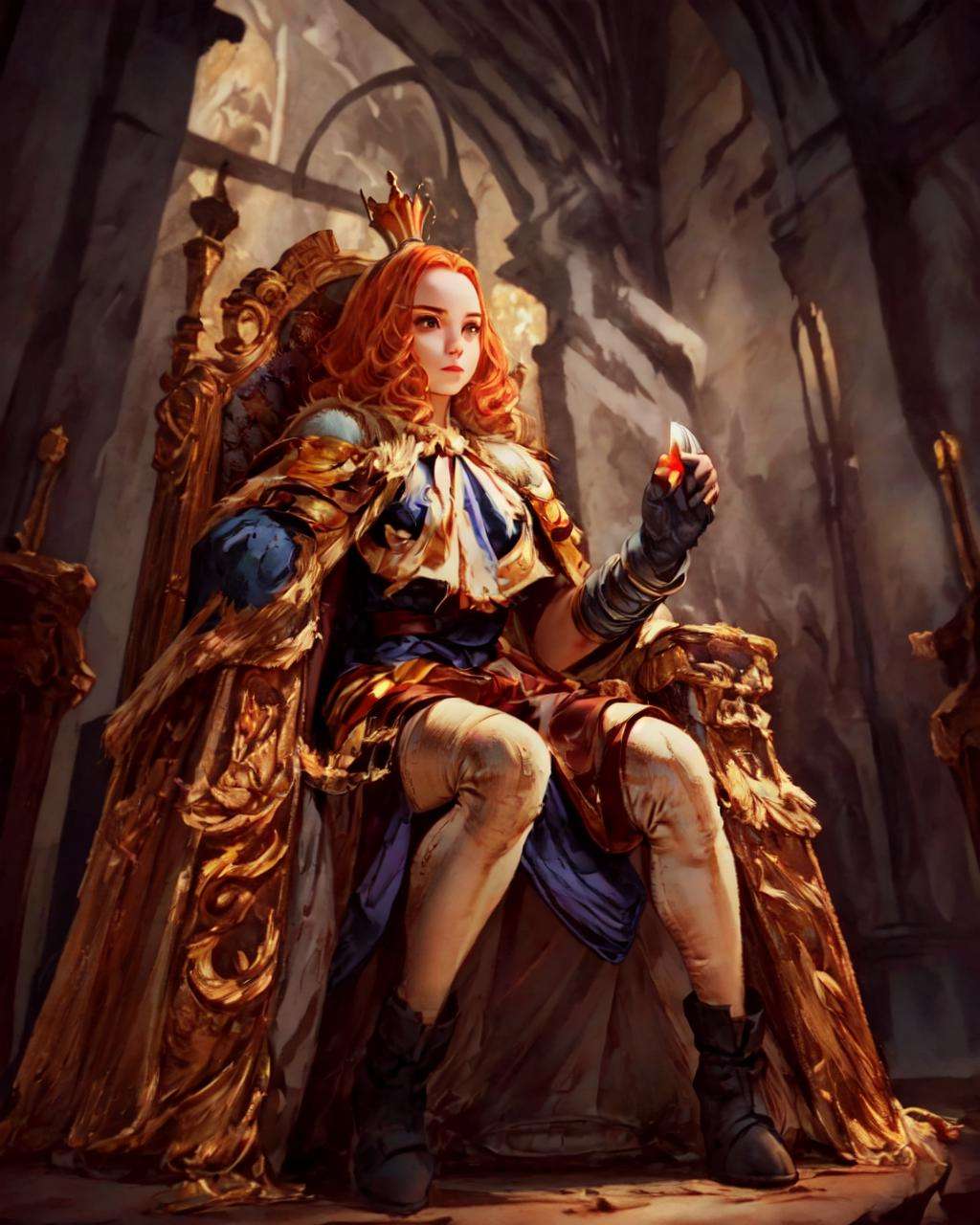 <lora:e7 Charlotte2:0.6> e7 Charlotte, small crown, big forehead, sitting on her throne, small boobs, flat chest, 14 years old, orange hair, throneroom in background,(masterpiece),  best quality, highres, 4k, 8k, Detailed Illustration, intricate detail, cinematic lighting, amazing quality, 1girl, fit female, amazing shading, soft lighting, facing camera, perfect eyes,<lora:FFTJobs:0.8>