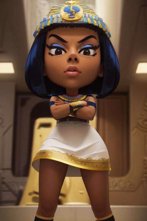 ((best quality)), ((masterpiece)), (detailed),(high-resolution:1.2),1 girl, Cleopatre, dark skinned, short hair, on throne, (from below:1.5), crossing arms, looking down, looking at viewer