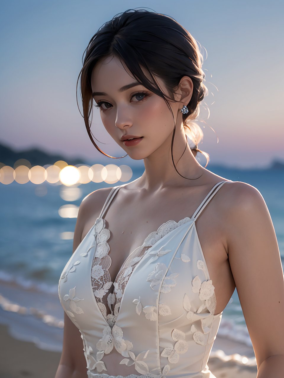 (best quality, masterpiece:1.2),ultra detailed,(photo realistic:1.4),solo,sexy lady,summer lace dress,night beach,blurry_light_background