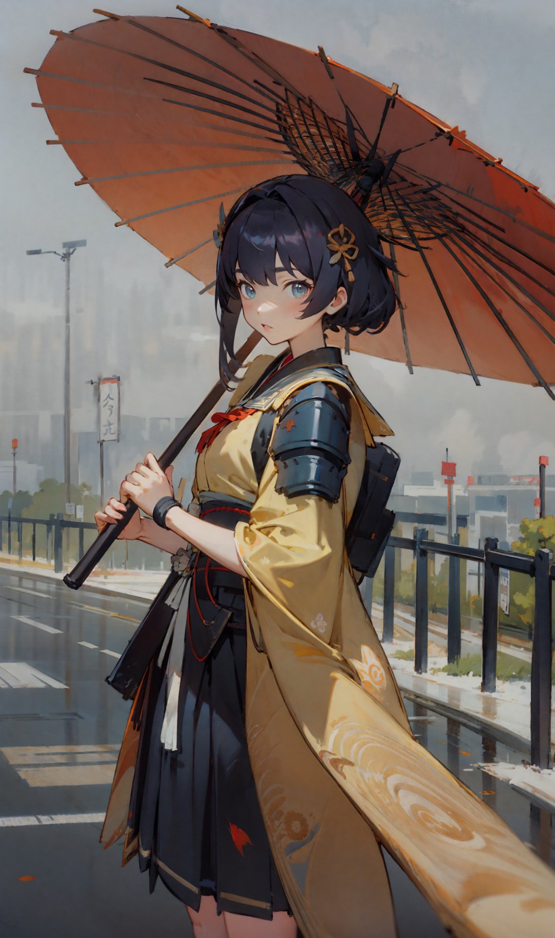 oil painting \(medium\),1girl,(japanese armor:0.9),school uniform,looking at viewer,oil-paper umbrella,road,visible air,<lora:agv306:1>