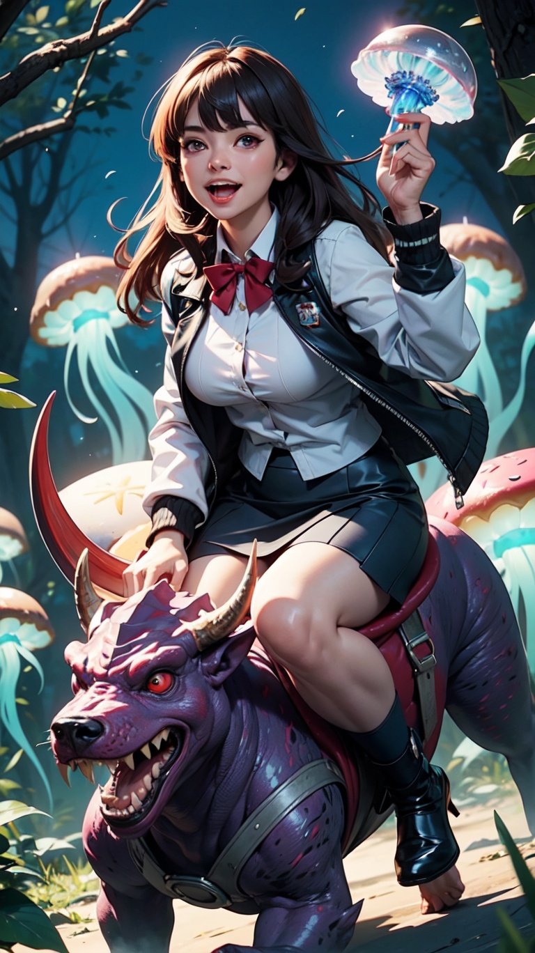 >_<, upper teeth only, ribbon, open clothes, white jacket, sleeves past wrists, knight, corgi, red eyes, open mouth, solo, long sleeves, doughnut, blue armor, bangs, long hair, white under shirt, shirt, :d, looking at viewer, teeth, jacket, jellyfish in background, bow, fake, big gryphon red eyes, open mouth, solo, long sleeves, doughnut, blue skirt, bangs, long hair, white shirt, shirt, :d, looking at viewer, teeth, jacket, , bow,, giant ultralisk jellyfish (riding a zergdog:1.3), jellyfish forest, jelly fish forest, , , monster, zerg,