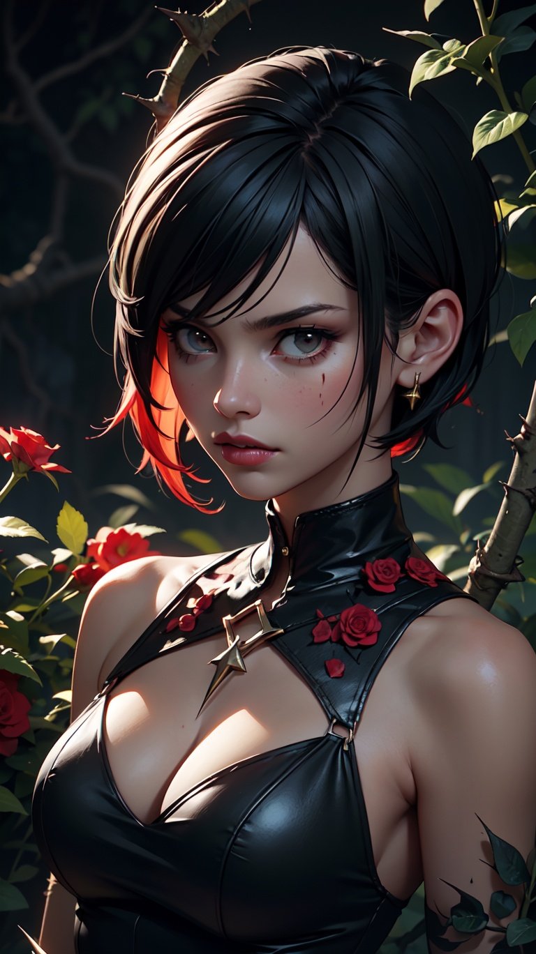 ((masterpiece, best quality, extremely detailed), volumetric lighting, ambient occlusion, colorful, glowing),1girl, serious look, inexpressive, short hair, black hair, black dress, red details, gold accents,mysterious aura, red flowers, blood river, thorns, vines,(Gloomy theme:1.3), (Punk theme), upper body, close up,, ,