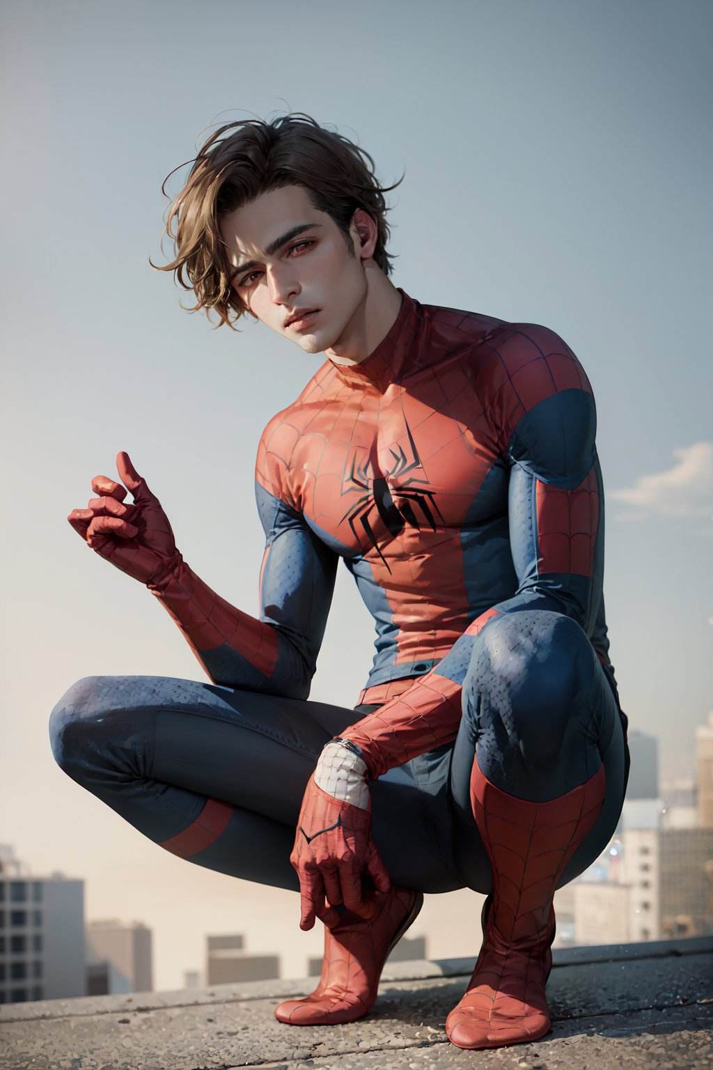 (masterpiece, best quality:1.2), <lora:attire_spider-man-12:1>, solo, male focus, 1boy, expressionless, looking at viewer, squatting, short hair, (streaked hair:1.1), red eyes, spider suit, spider web print, spider web, rooftop