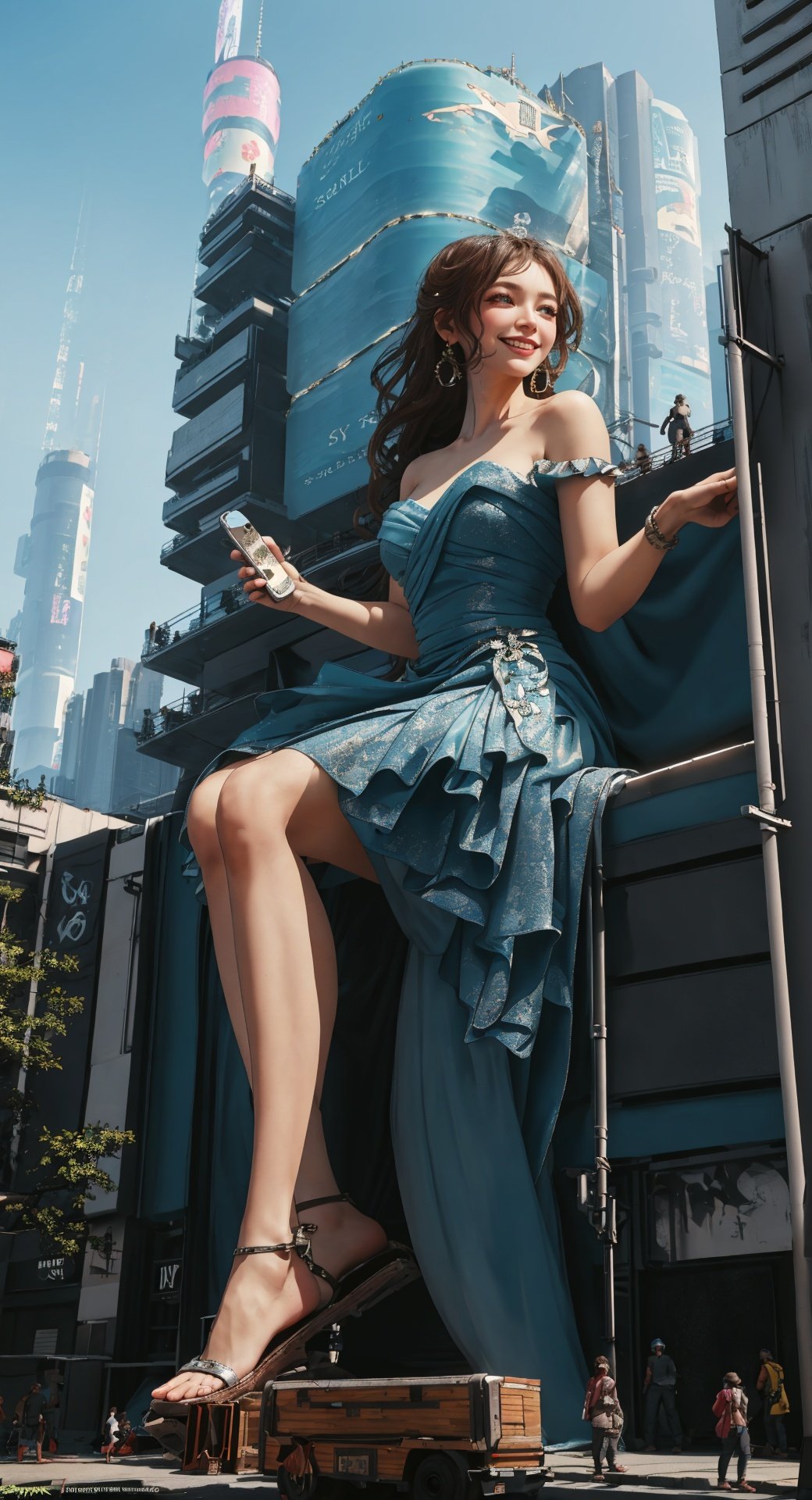 lora:Springfield:0.8>,,(partially obstructed:1.3),buildings along bottom of frame,springfielddress,blue dress,giantess,city,gts,standing,skyscrapers,(buildingseat:1.2),(sitting:1.2),full body,(strapless:1.1),hair rings,ground view,lovely smile,barefoot,arms at sides,(crowd of people:1.2)