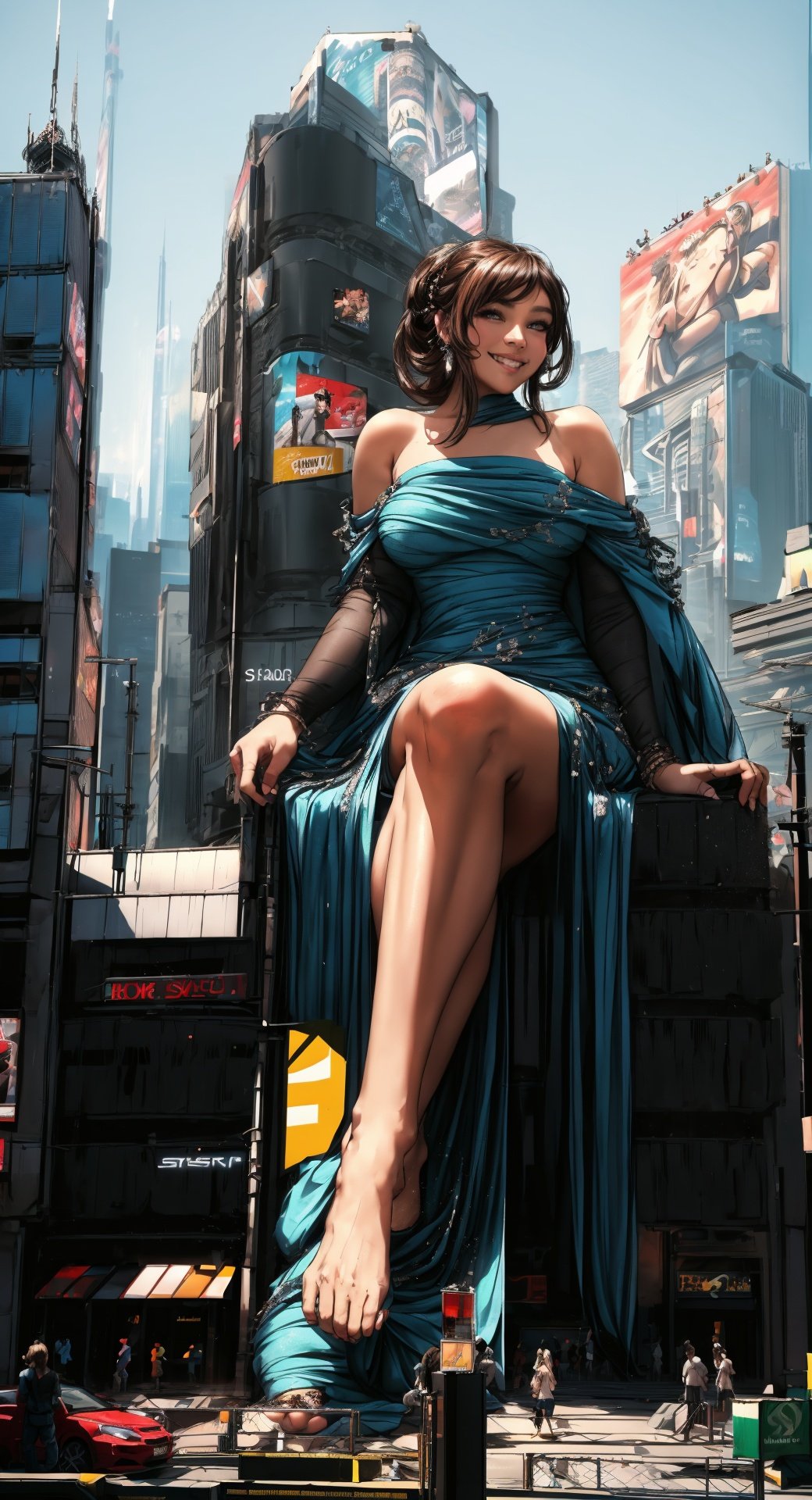 lora:Springfield:0.8>,,(partially obstructed:1.3),buildings along bottom of frame,springfielddress,blue dress,giantess,city,gts,standing,skyscrapers,(buildingseat:1.2),(sitting:1.2),full body,(strapless:1.1),hair rings,ground view,lovely smile,barefoot,arms at sides,(crowd of people:1.2)