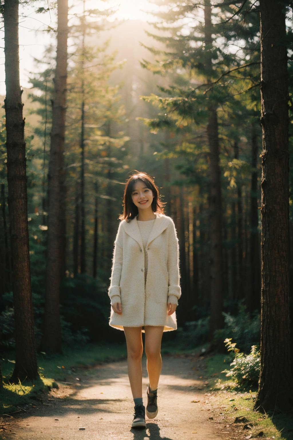 Best Quality,Masterpiece,Ultra High Resolution,(Realisticity:1.4),Original Photo,Cinematic Lighting,1Girl,smile,forest,full body,backlighting,