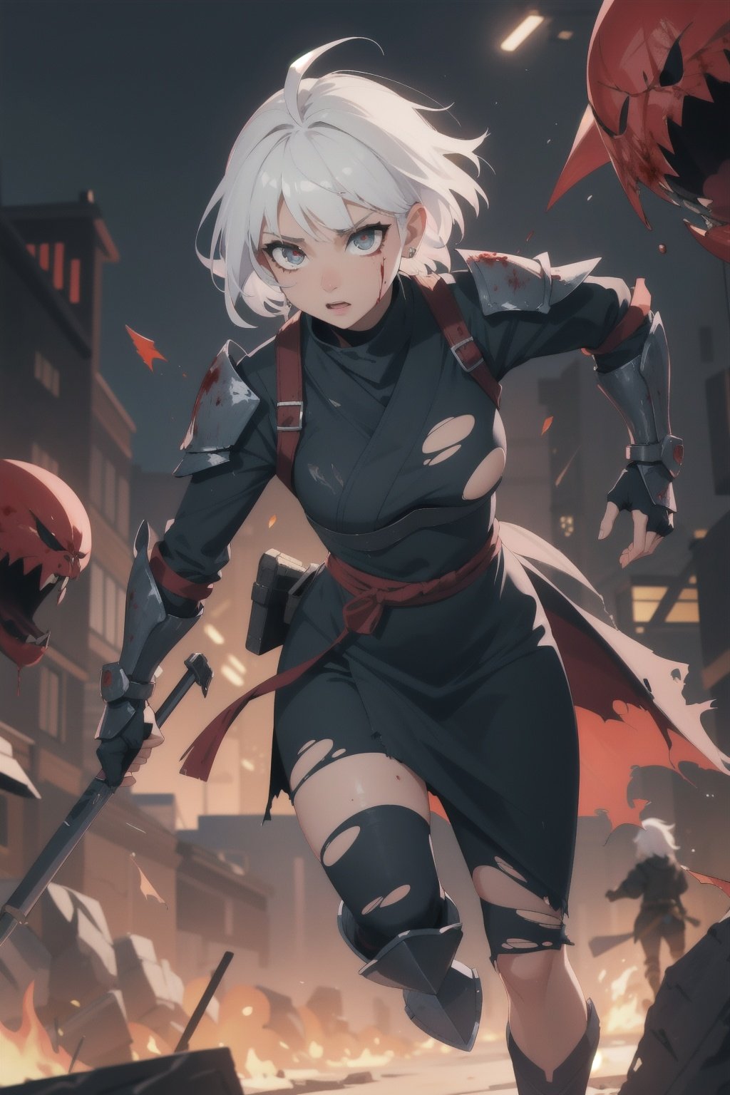 Highres, best quality, extremely detailed, area lighting in background, HD, 8k, 1girl, white hair, armor, female ninja, fiery eyes, running, overlooking an army, horror style, area lighting in background, (torn clothes:1.2), absurdress, blood, blood splatter, night