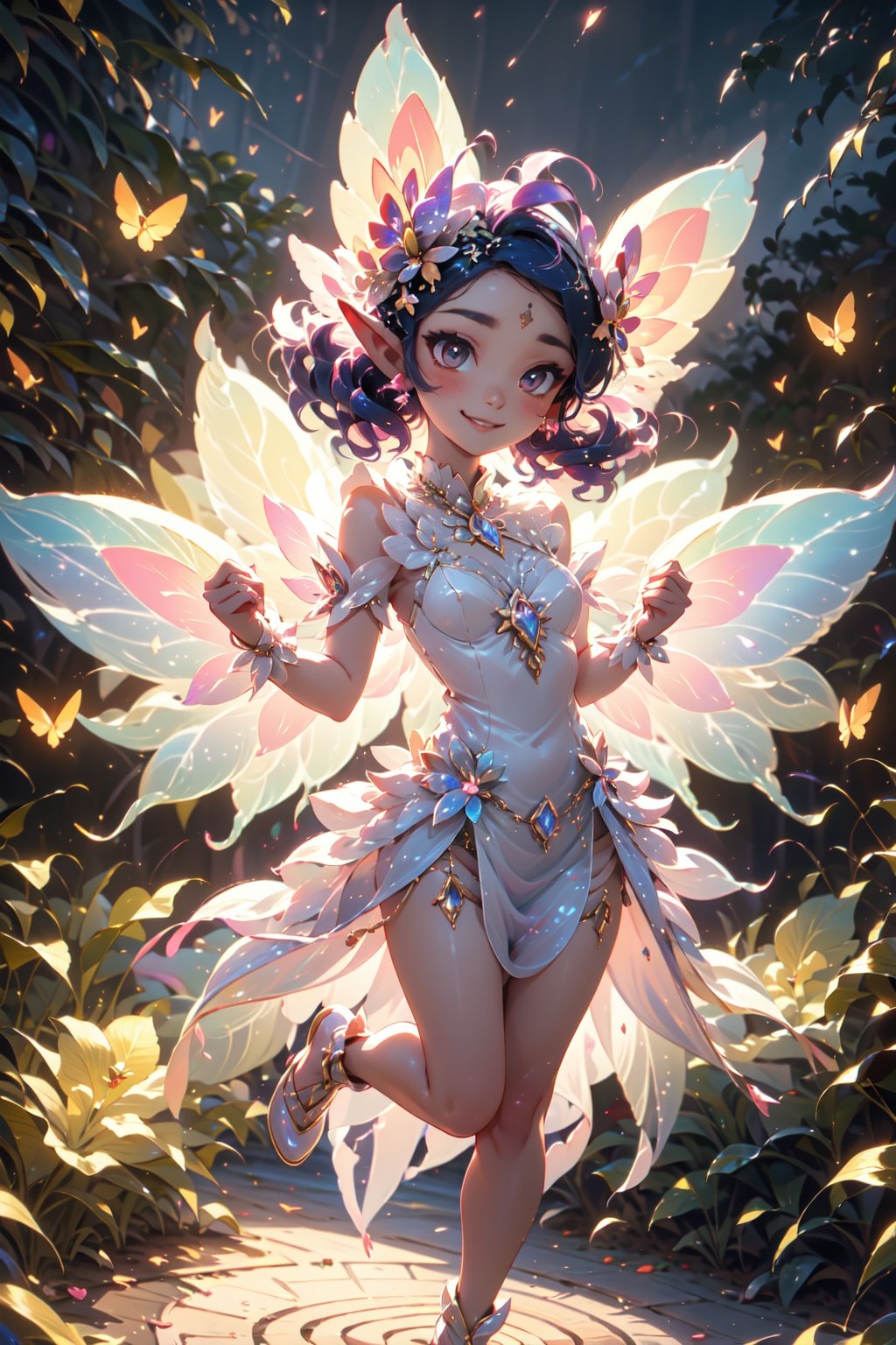 1 girl, cute, small body, fairy, butterfly_wings,gem, full body,(levitating:1.2) light smile, hovering above ground,vibrant colors, (((bride))), night, soft lighting, Detailedface, (perfectly drawn face, perfect hands)