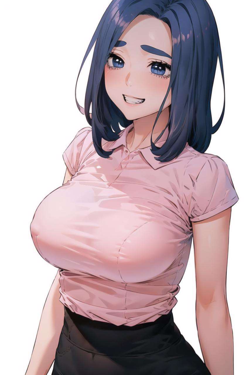 <lora:DiaSong:1>, DiaSongdef1girl, solo, breasts, smile, blue eyes, large breasts, simple background, shirt, white background, holding, blue hair, upper body, short sleeves, teeth, collared shirt, hand up, medium hair, grin, thick eyebrows, pink shirt, syringemasterpiece, best quality   