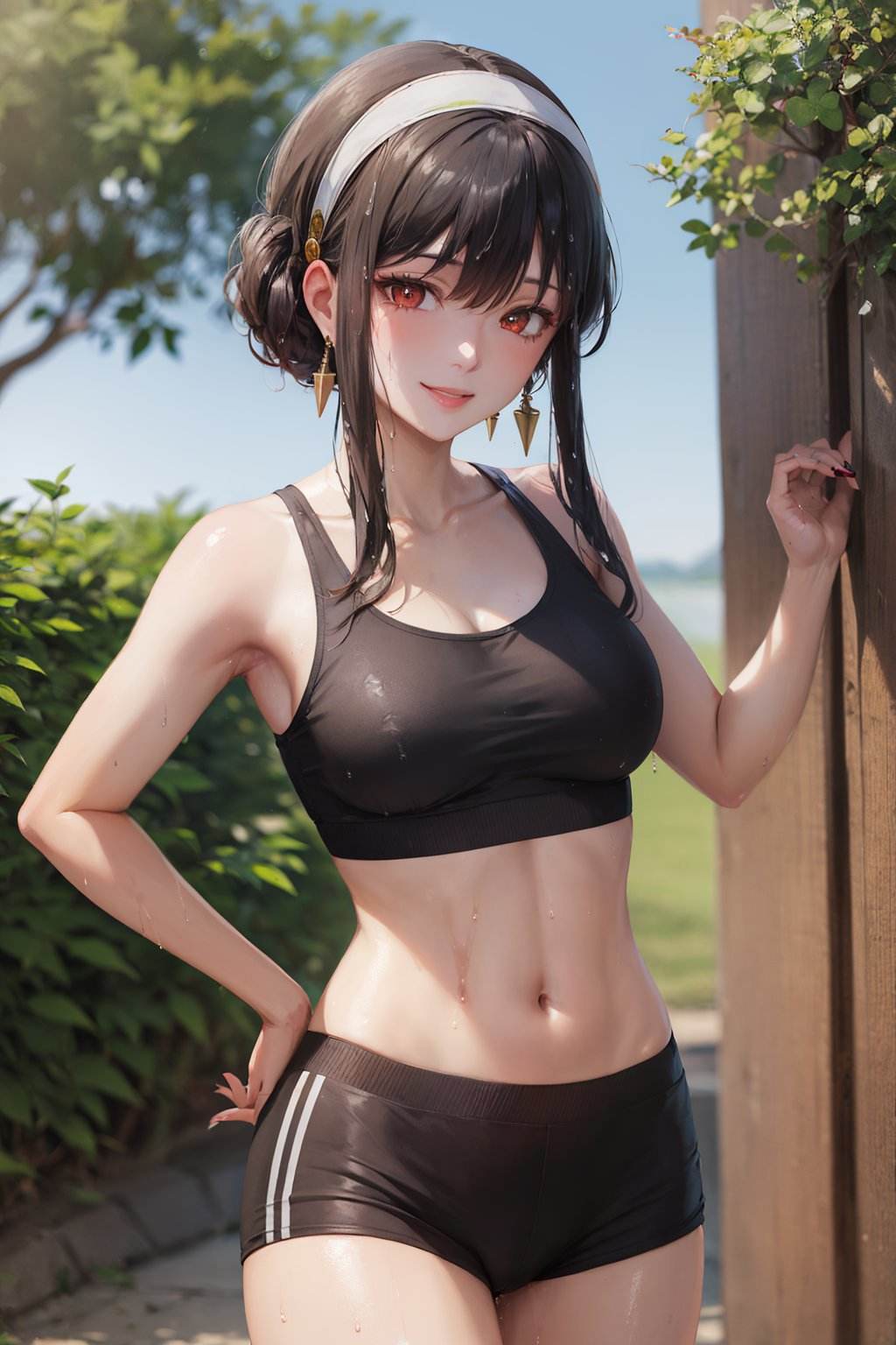 (masterpiece, best quality:1.2), <lora:sxf_yor_forger-10:1>, solo, 1girl, yor briar, (shiny skin, wet skin:1.2), sweating, smile, looking at viewer, hand on hip, long black hair, bangs, sidelocks, hairband, red eyes, sports bra, black shorts, earrings, outdoors, park