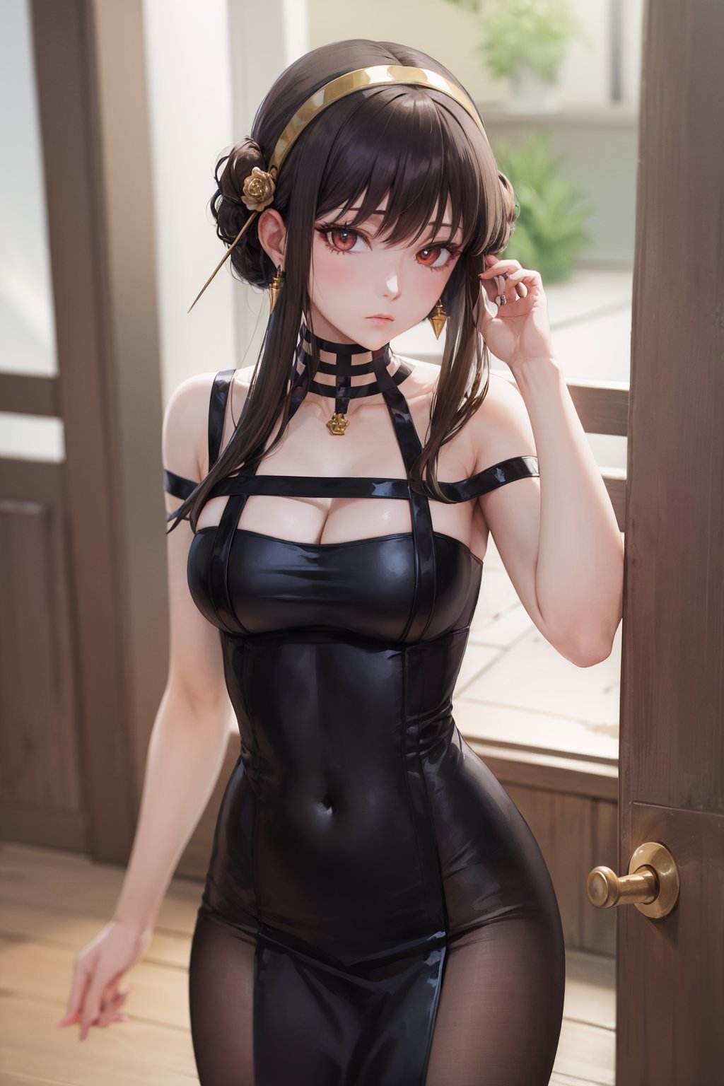 (masterpiece, best quality:1.2), <lora:sxf_yor_forger-10:1>, cowboy shot, solo, 1girl, thorn princess, expressionless, closed mouth, looking at viewer, hand in own hair, long black hair, bangs, sidelocks, gold hairband, red eyes, black dress, earrings, cleavage