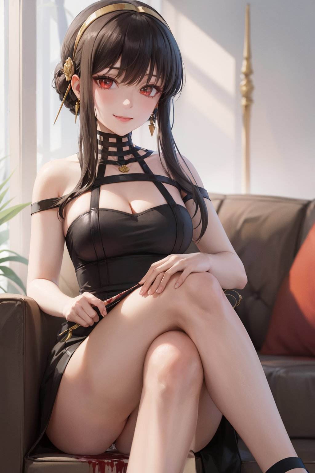 (masterpiece, best quality:1.2), <lora:sxf_yor_forger-10:1>, solo, 1girl, thorn princess, (blood:1.2), smile, closed mouth, looking at viewer, sitting, crossed legs, long black hair, bangs, sidelocks, gold hairband, red eyes, black dress, earrings, cleavage, simple background