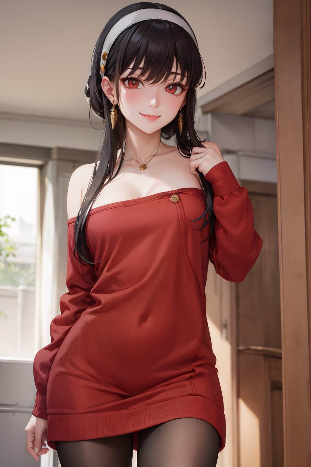 (masterpiece, best quality:1.2), <lora:sxf_yor_forger-10:1>, cowboy shot, solo, 1girl, yor briar, smile, closed mouth, looking at viewer, long black hair, hairband, red eyes, off shoulder, red sweater dress, pantyhose, earrings